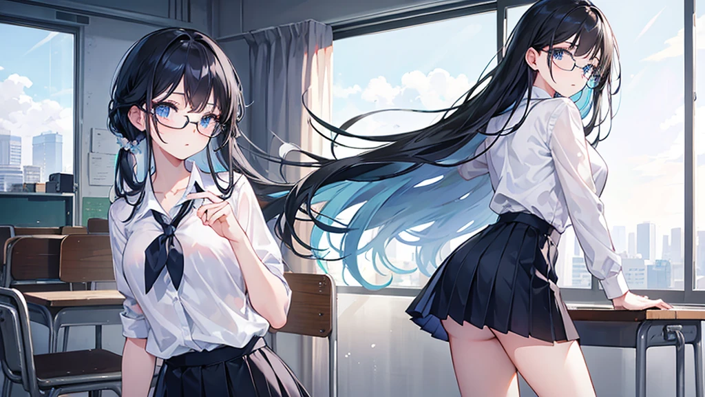 young girl, high , classroom, skirt, light blue eyes, black hair, glasses, quiet, elegant