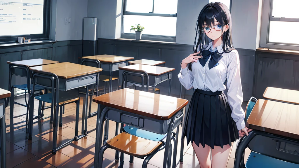young girl, high , classroom, skirt, light blue eyes, black hair, glasses, quiet, elegant