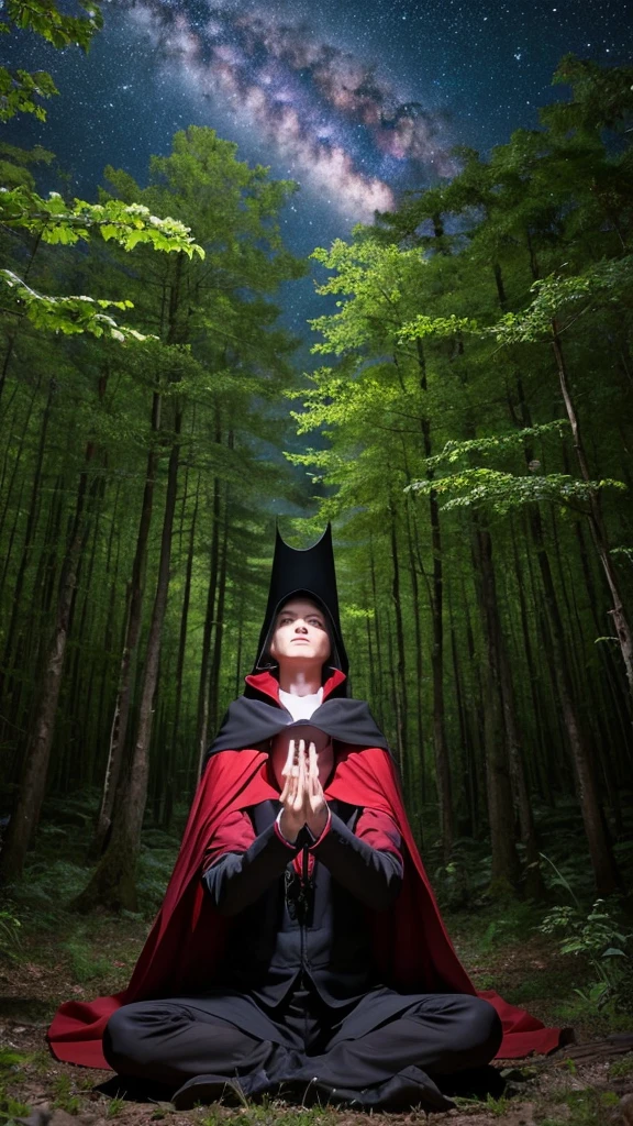 Male magician、Look down、Red eyes、Black clothes、sitting cross-legged、Floating in the air。meditation、in the forest、Late Night、forest、Milky Way、Copyright circumvention、darkness、Cape、Wizard、black magic、