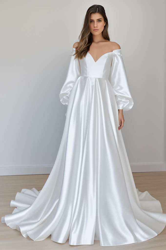 Best quality, 8k, 32k, Masterpiece, Masterpiece, (Photorealistic: 1.4), RAW photo, ultra realistic, 1girl, Fashion model, Wearing a long sleeves wedding dress, satin fabric, full length view, pose Stand upright in white room with a minimalist design, featuring white walls and a clean, modern aesthetic.