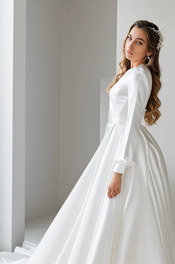 Best quality, 8k, 32k, Masterpiece, Masterpiece, (Photorealistic: 1.4), RAW photo, ultra realistic, 1girl, Fashion model, Wearing a long sleeves wedding dress, satin fabric, full length view, pose Stand upright in white room with a minimalist design, featuring white walls and a clean, modern aesthetic.