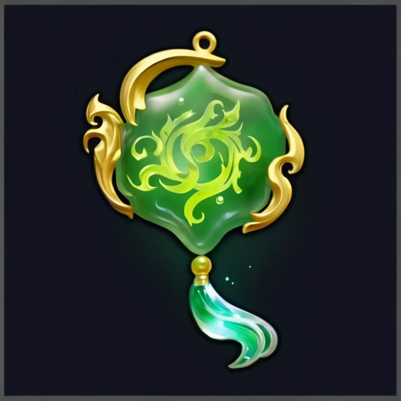 带长尾巴的绿色和金色Jade Pendant, Fantasy game spell symbols, , glowing water element, Jade Pendant,Translucent,Game Resources