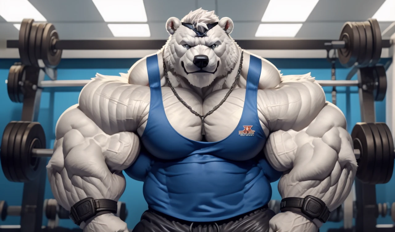 Brock Ólafsson The Huge Muscled Polar Bear, with White Hair, Blue Tank Top, Black Wristbands and Black Gym Shorts, Flexing His Thorax.
