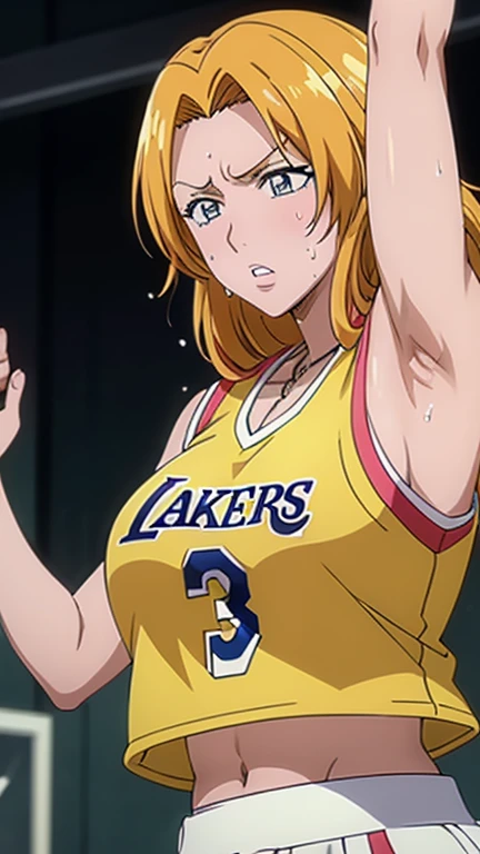 a close up of a person wearing a basketball uniform, a picture, inspired by Kentaro Miura, trending on pixiv, Rangiku Matsumoto, Bleach, wearing yellow nba jersey, yellow croptop nba jersey, wearing a low cut croptop, wearing croptop, croptop, the words "Lakers" written on the croptop, golden raito, (winking), shirobako, large)}], favorite scene, fine details. anime. skins, sweating, big breasts, both hands raised, armpits, armpits visible, dripping with sweat, more more sweat, sweaty armpits