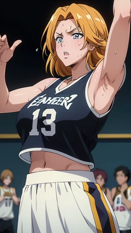 a close up of a person wearing a basketball uniform, a picture, inspired by Kentaro Miura, trending on pixiv, Rangiku Matsumoto, Bleach, wearing yellow nba jersey, yellow croptop nba jersey, wearing a low cut croptop, wearing croptop, croptop, the words "Lakers" written on the croptop, golden raito, (winking), shirobako, large)}], favorite scene, fine details. anime. skins, sweating, big breasts, both hands raised, armpits, armpits visible, dripping with sweat, more more sweat, sweaty armpits