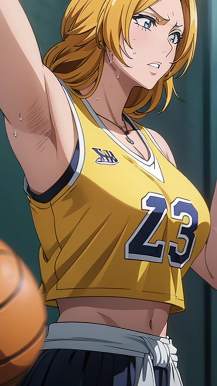 a close up of a person wearing a basketball uniform, a picture, inspired by Kentaro Miura, trending on pixiv, Rangiku Matsumoto, Bleach, wearing yellow nba jersey, yellow croptop nba jersey, wearing a low cut croptop, wearing croptop, croptop, the words "Lakers" written on the croptop, golden raito, (winking), shirobako, large)}], favorite scene, fine details. anime. skins, sweating, big breasts, both hands raised, armpits, armpits visible, dripping with sweat, more more sweat, sweaty armpits