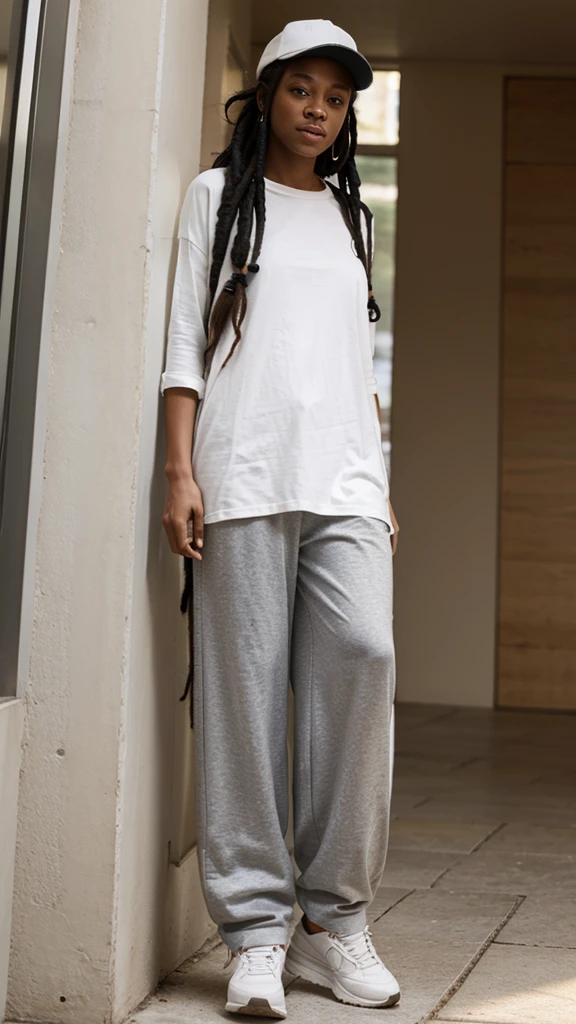 A woman with a long shirt and long pants and with a cap and very cute dreadlocks