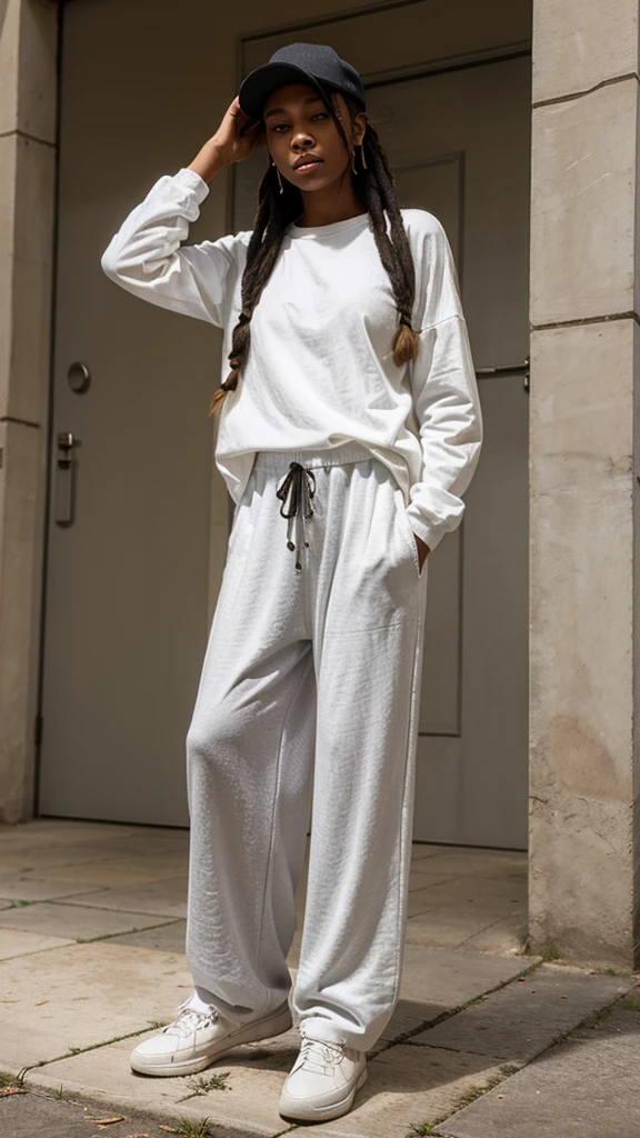 A woman with a long shirt and long pants and with a cap and very cute dreadlocks 