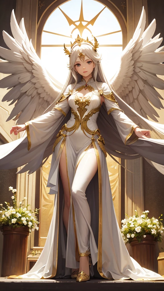 Female figure with crowned angel wings, full body