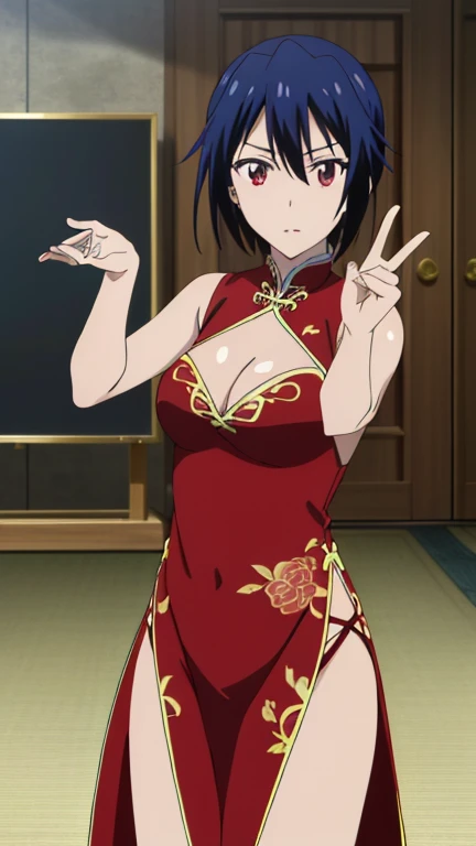 (Top Quality, 8K, Hi-Res, Masterpiece: 1.2), Super Detail, Anime Art Style, Anime Coloring Book, Solo, 1 Girl, Seishiro Tsuzuru, Red Chinese Dress, Cleavage, Medium Breasts, Solo, Stylish Pose, Stylish Angle, cowboy shot looking at the audience in the center of the screen,