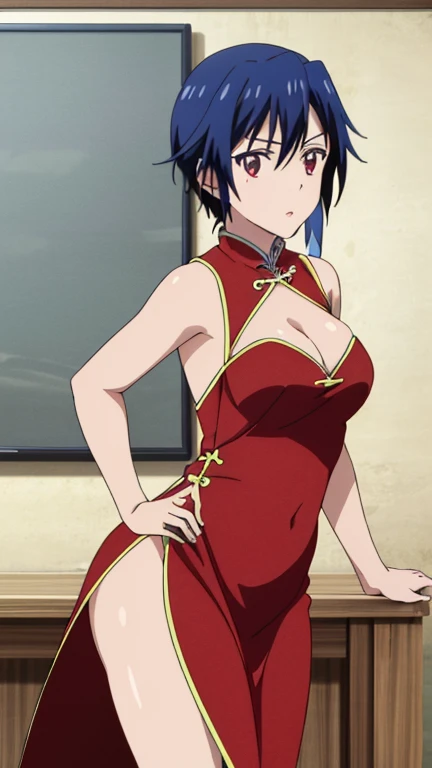 (Top Quality, 8K, Hi-Res, Masterpiece: 1.2), Super Detail, Anime Art Style, Anime Coloring Book, Solo, 1 Girl, Seishiro Tsuzuru, Red Chinese Dress, Cleavage, Medium Breasts, Solo, Stylish Pose, Stylish Angle, cowboy shot looking at the audience in the center of the screen,