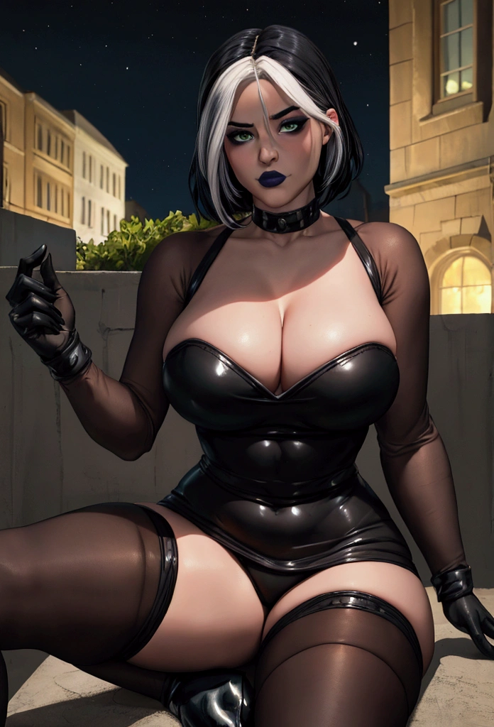 Rogue from X men Evolution, girl fat, obese body, big belly, sexy, stockings, black hair, short night dress, night laboratory, night, dark dress, black dress, black stockings, black and black shoes, sitting, eating hamburgers, hamburguers, (Masterpiece:1.2), best quality, high resolution, beautifully detailed, extremely detailed, perfect lighting,