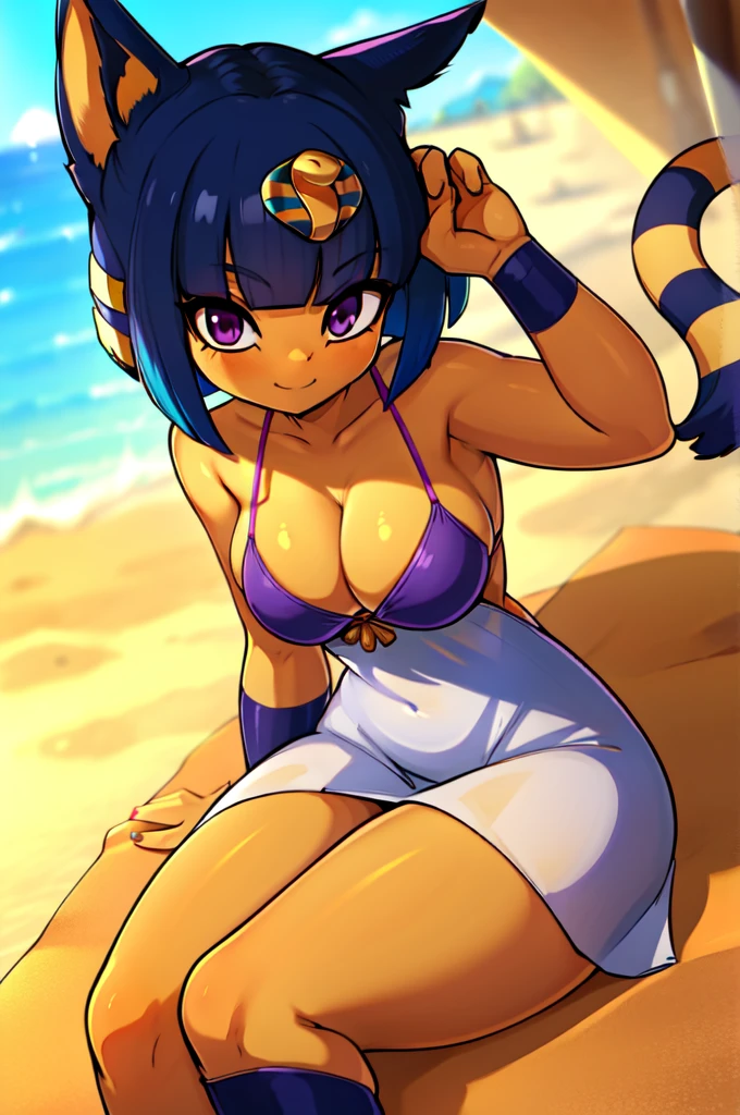 absurdres, highres, ultra detailed, ankha, solo, catgirl, big breasts, blue hair, hair ornament, yellow skin, purple eyes, white dress, sitting, looking at viewer, outdoors, sand, egyptian, smiling, bikini