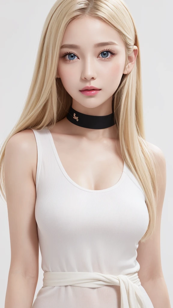 (((White background、rim light、lighting forward、shoot from above、Tank top shirt、forehead、White Blonde、Blonde、White Background、whole body、Up to the waist)))、Northern Europe、Russia、beautiful girl、Platinum Blonde Hair、Straight Long Hair、Big Blue Eyes、Northern Europeの若者、Glowing Skin、Young and beautiful skin、A perfect and beautiful little face、Bright makeup、Pale pink lips、Bright expression、lipstick、Intricate details、High resolution、 Detailed features of face design、Big Breasts、face-friendly lighting