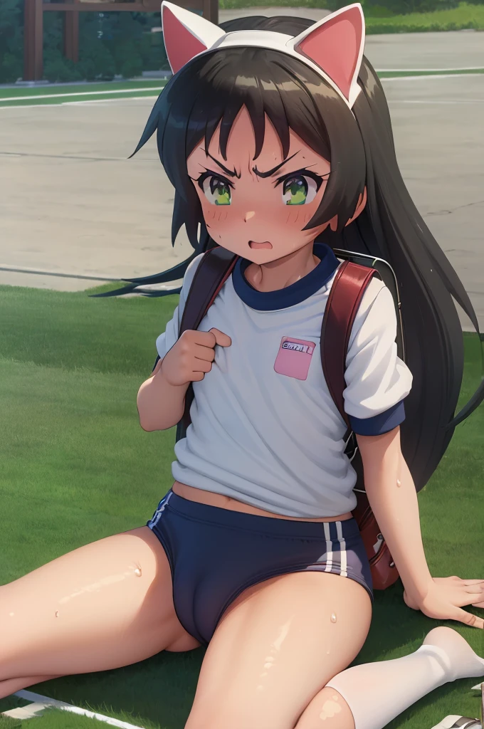 masterpiece, ultra quality, ultra sharp, ultra detailed, 1girl, solo, (((good anatomy))), haduki kurumi, (tattered torn dripping wet white gym shirt), navy gym pants, animal ears, randoseru, name tag, Japanese anime pose, laugh, BurumaShorts, Buruma, Gym Uniform, (((sitting, squatting, spread_legs, legspread, split_legs, spreading legs)), (randoseru backpack:1.4), (little angry, jitome:1.4), buruma, blue buruma, black buruma, (cameltoe), (tattered torn short sleeve white gym uniform with colored hem), (tiny nipples), (white long loose socks), strong lighting, legspread, bukkake, cum on clothes, cum on legs, cum on buruma, cum on bloomers, (spreading pussy by hands)