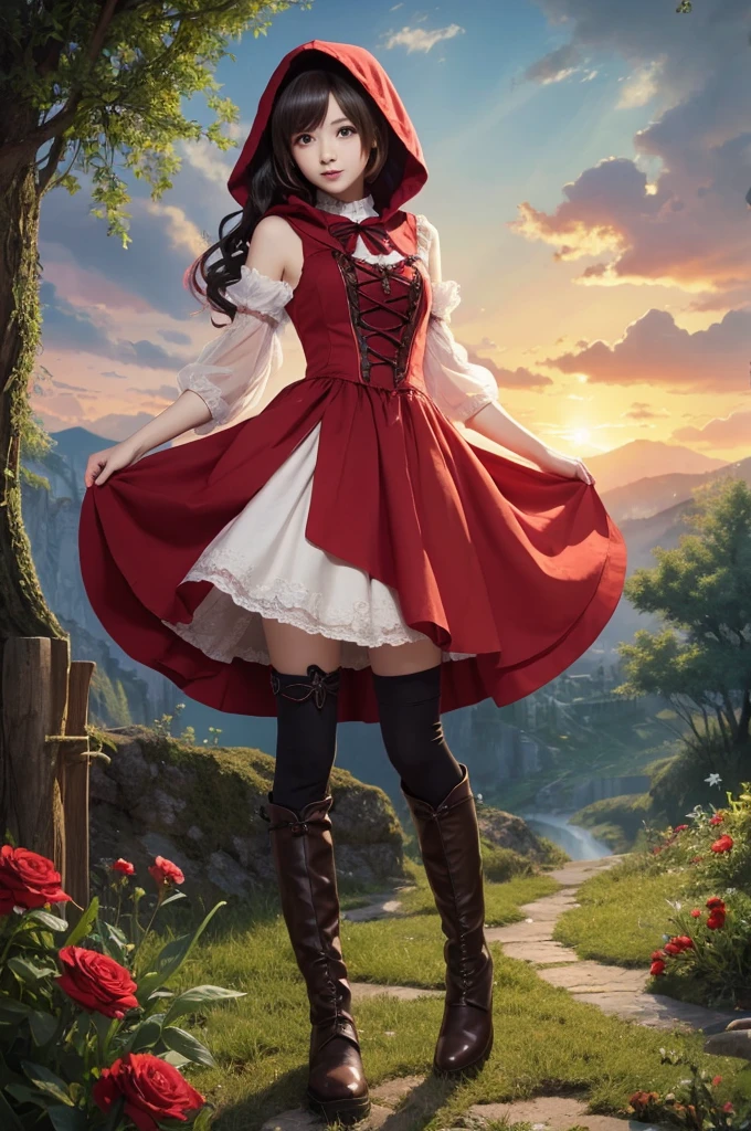 Clothing design、fairy tale、Fairy tale、Fantasy、Little Red Riding Hood、skirt、sexy、Hunting rifle、front、whole body、No sleeve、anime、comics、An illustration、flower、ミニskirt、boots