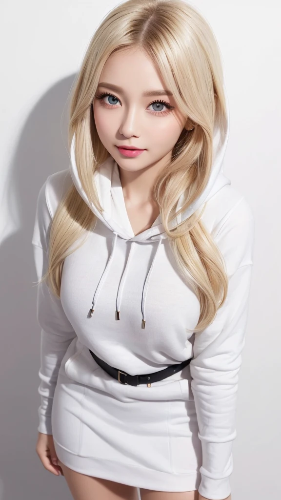 (((White background、rim light、lighting forward、shoot from above、hoodie、mini skirt、forehead、White Blonde、Blonde、White Background、whole body、Up to the waist)))、Northern Europe、Russia、beautiful girl、Platinum Blonde Hair、Straight Long Hair、Big Blue Eyes、Northern Europeの若者、Glowing Skin、Young and beautiful skin、A perfect and beautiful little face、Bright makeup、Pale pink lips、Bright expression、lipstick、Intricate details、High resolution、 Detailed features of face design、Big Breasts、face-friendly lighting