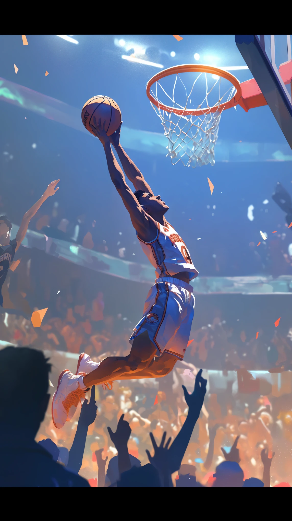 有一个人跳起来Dunk, Basketball sneakers concept art, Dunk, Artie Guerin 8K, Detailed game art illustrations, Professional Concept Art, Stunning digital illustrations, Posterization, style化的概念艺术, scence of Slam Dunk, 8k high detail concept art, With Artest Guerin (atey ghailan) style, Slam Dunk