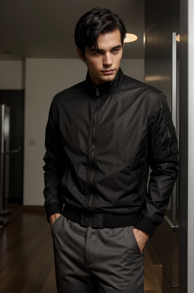 handsome guy, short black hair, Black jacke, fully body, a little aside