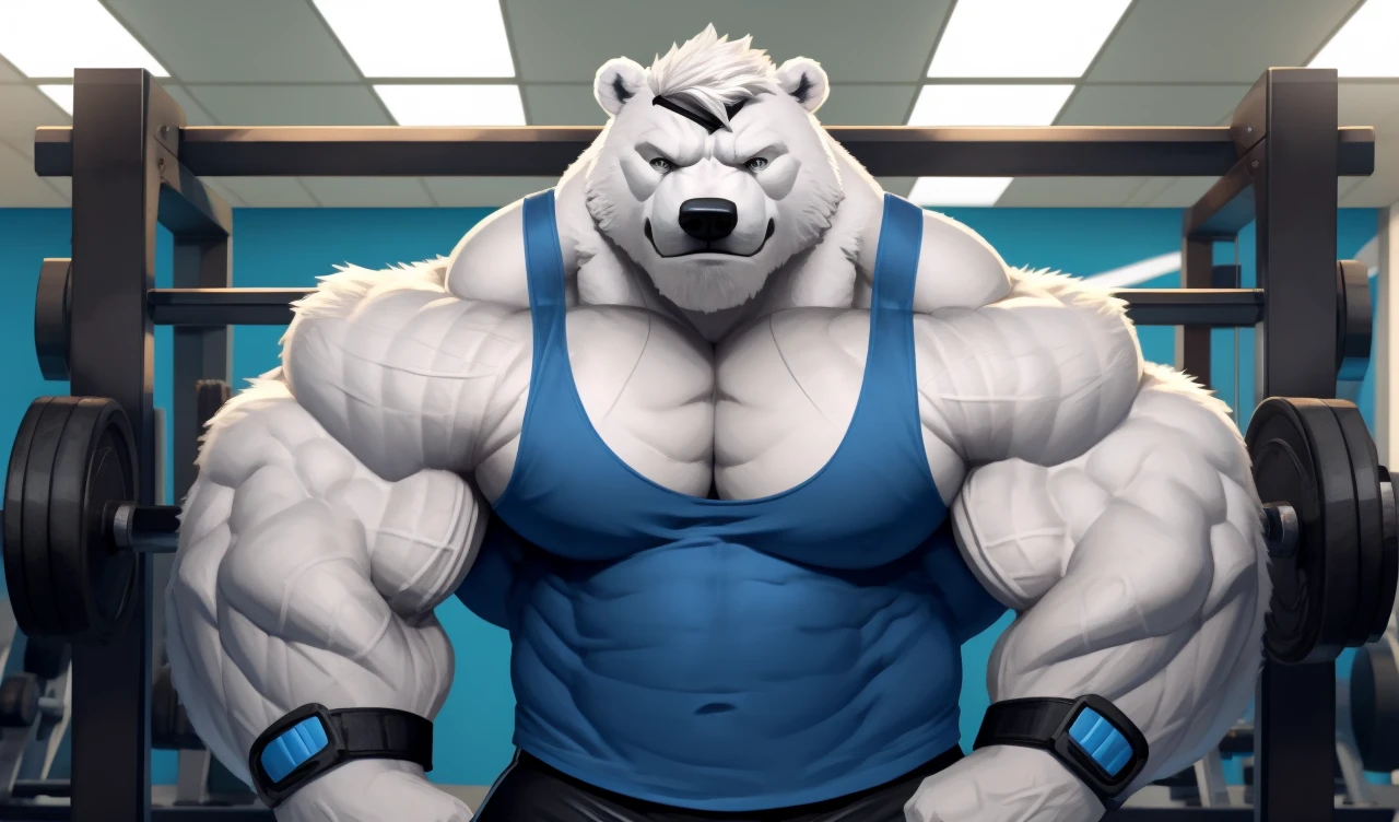 Brock Ólafsson The Huge Muscled Polar Bear, with White Hair, Blue Tank Top, Black Wristbands and Black Gym Shorts, Flexing His Thorax.