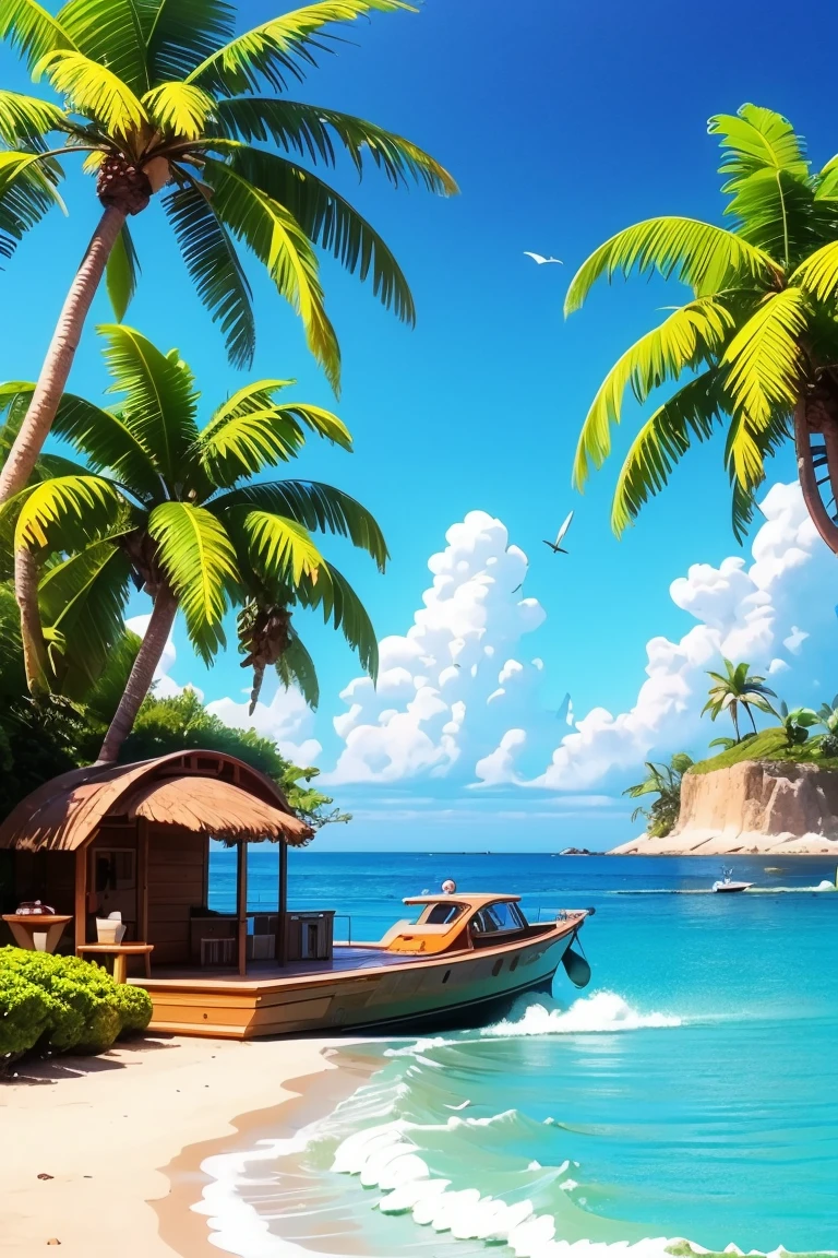 watercraft, tree, coin, ocean, day, no humans, island, sparkle, beach, outdoors, boat, cloud, sky, water, palm tree, sand, kirby, treasure chest, blue sky, food