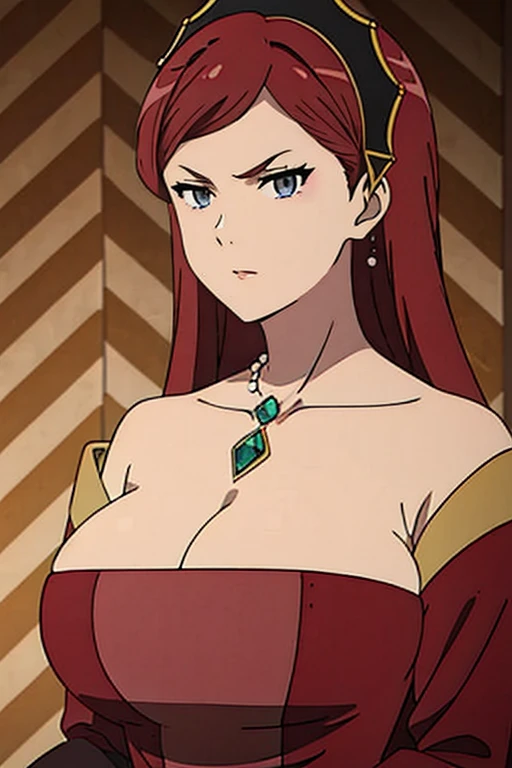 dress, hair band, maroon hair, milf, busty, huge  , long hair,  cleavage, emotionless, detailed, upperbody, 