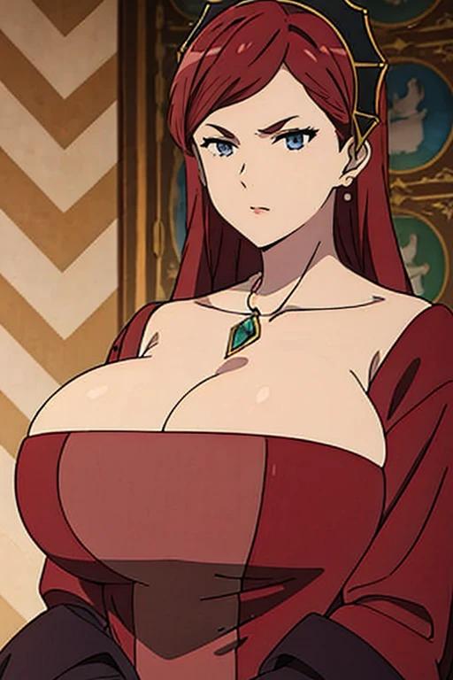 dress, hair band, maroon hair, milf, busty, huge , long hair, cleavage, emotionless, detailed, upperbody,
