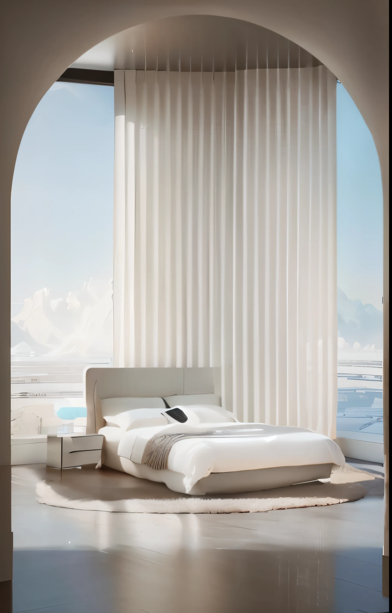 there is a floor that is in a room with a large window, serene floorroom setting, white floor, Natural light as background, floorroom background, floor room, Personal room background, floor is not made, floor, Natural light in the room, floor on the right, Smooth Utopian Design, Modern minimalist f 2 0, aurora, Inspired by Li Di, floorroom,carpet,4k details,Real Light Effects