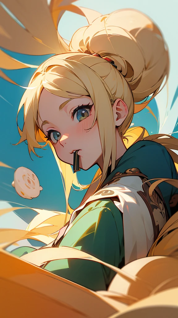 Gal、Food in mouth、Blonde、Around 25 years old、Anime style illustrations