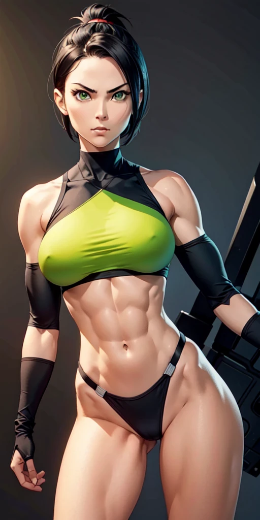 a ninja, pretty face, serious face, short black hair, green eyes, perfect body, fit body, abdomen, big breasts, muscular,