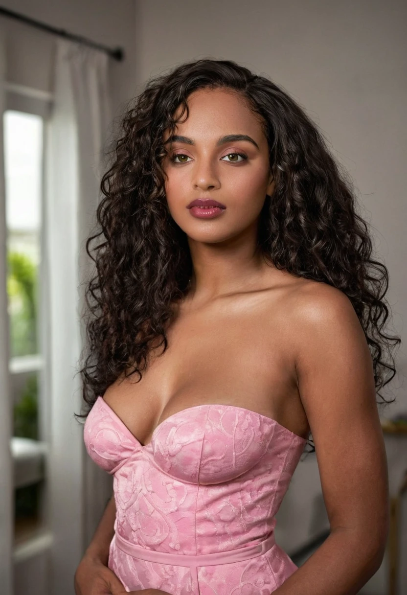 Completely Arafed woman with green eyes, wearing a pink dress in her room. Beautiful pink dress. Full-length photo of woman in pink dress. beautiful young black woman with dark skin, black Brazilian mixed race, beautiful 30 year old Afro-Latina girl, beautiful African and Latina, Brazilian and Angolan descent, a black woman, mixing African and indigenous features, a unique mix of indigenous, African and European ebony . The hair is extremely curly, with well-defined and voluminous curls. The natural texture. Her hair is long, falling in voluminous waves around her shoulders and down her back. The hair has a lot of volume, creating a full, dense appearance. The hair is black. green eyes, eye is green, green and expressive eyes, beautiful green eyes, realistic green eyes, detailed green eyes (eyeliner, long eyelashes). Perfect eyebrows and are thick. the nose is small and proportional, beautiful face. Attractive and irresistible mouth, well-defined lips, full lips, voluminous lips, seductive lips. The face is oval, with high cheekbones and a well-defined chin, a beautiful and detailed face. Professional, dramatic makeup, a more impactful look with shadows that accentuate the captivating look, Striking makeup, with eyeliner, black lipstick. Skin tone: Olive skin, healthy and with uniform shine, with olive skin, dark skin, sexy girl with skin brunette, detailed skin texture, beautiful and glowing skin, intricate details, smooth skin, healthy and radiant appearance. A woman has a well-defined and athletic body. Her silhouette is shapely, highlighting a thin waist in contrast to fuller hips and bust. She has a prominent bust, with large, firm breasts, silicone breasts, voluminous breasts. Thin waist. The hips are wide and well-defined, with a pronounced hourglass shape and a large butt. The legs are long and muscular, with well-defined thighs. 50 mm lens, f/2.8, hdr, (8K) RAW photo, high quality resolution 8K uhd, dslr, 2k, 4K, 8K, 16K.