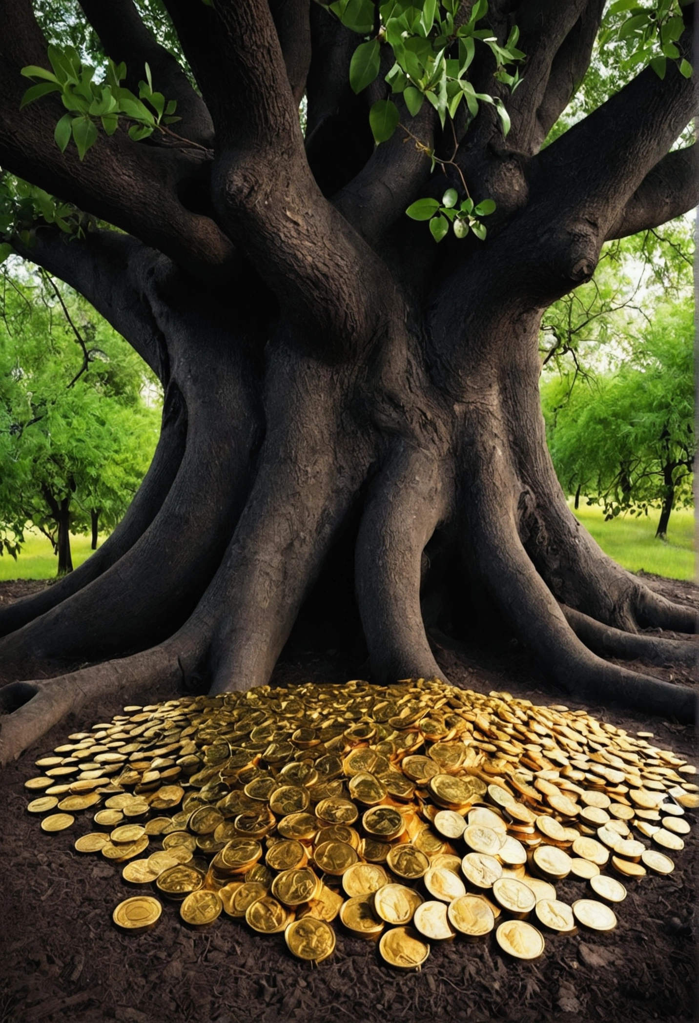 Gold coins on the ground，The tree grows，Trees are intertwined with vines，Dark colors