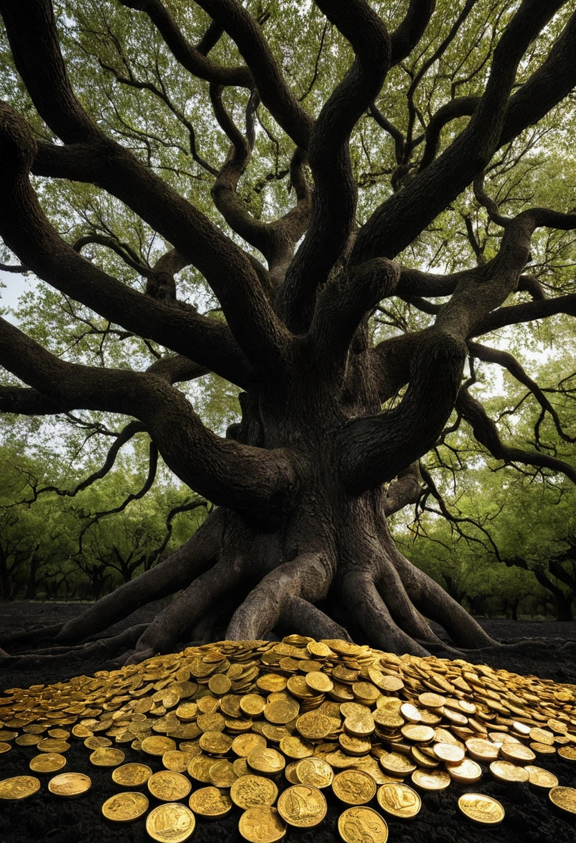 Gold coins on the ground,The tree grows,Trees are intertwined with vines,Dark colors