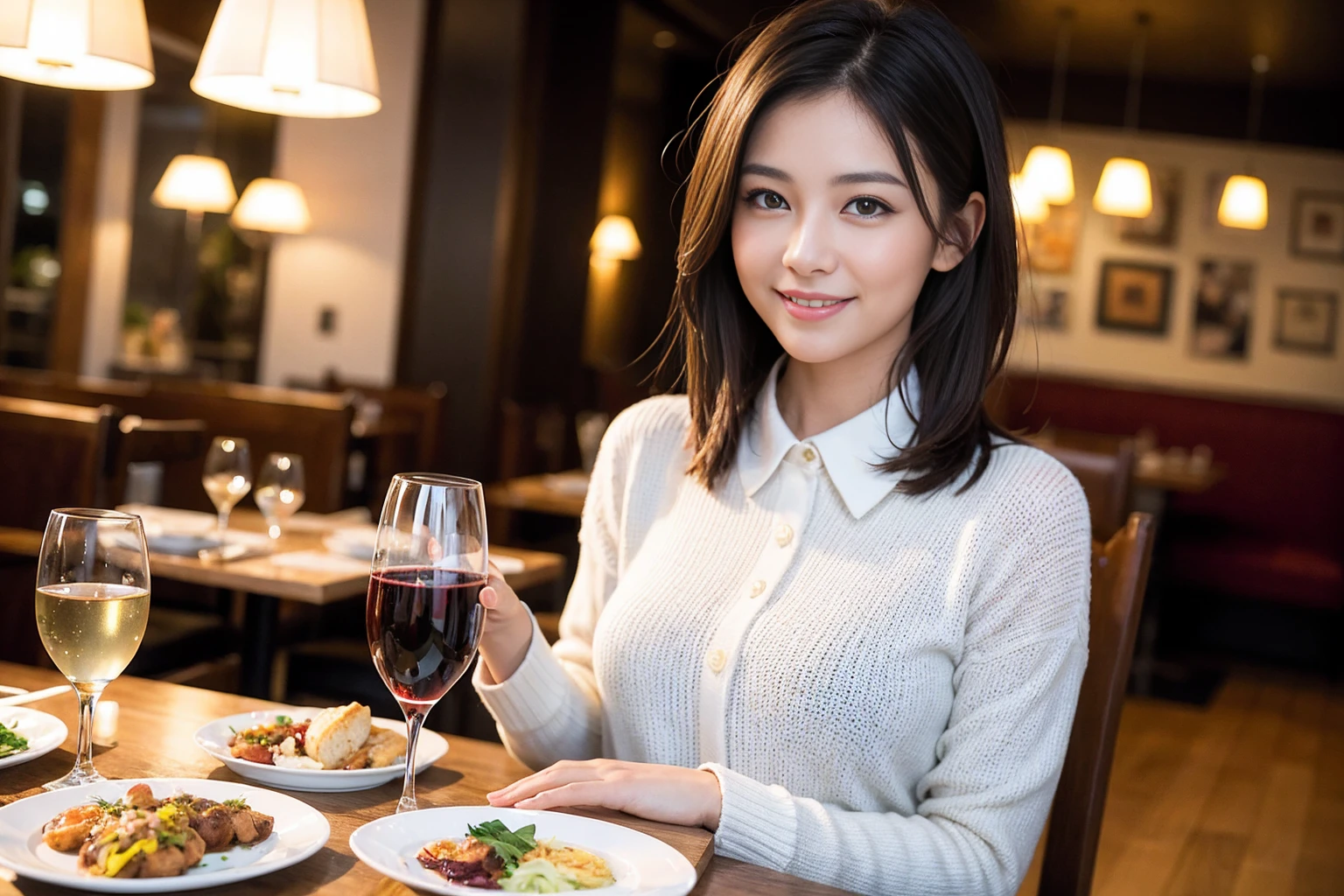 ((Highest quality、8K、masterpiece:1.3))、Shortcuts、cute、slimカップル、modelカップル、actress男優、(Realistic, Intricate details:1.2), full-course dinner、Wine Party、Amazing view of the sunset sky and clouds、A bright smile、short hair,Bright Face、 (Age 45), 42 years old, red wine 、Appetizers、Italian food、Wine bottle、Champagne、sparkling wine、Two beauties、Brown Hair、Shortcuts、Long sleeve shirt、dress、Beautiful woman 1, (slimな顔), (The body is slim), (Brown Hair), (Shortcuts), cheeks turn a little red,Attractive beauty、restaurant, In a prominent place (From the waist up) Nova Frog Style, actress, model, Upper Body, White wine, slim, wine glass, 中央に置かれたwine glass, smile, (smile: 1.15), Beautiful fine grain, Depth f/2,saturation, High Contrast, Strong light and shadow,Moist Body:1.5、3D texture、Delicate eyes、Brown Hair、The hair is very shiny、