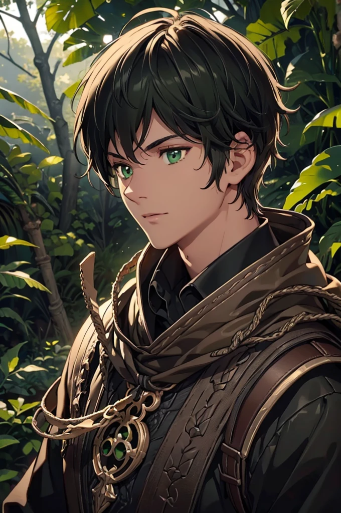 (Top quality details:1.22), 8K, High Resolution, Super detailed, High-quality texture, Intricate details, Detailed Texture, In detail, High detail, High Quality Shadows, Beautiful and kind eyes, Depth of written boundary, dark theme, 1boy, green eyes, black hair with green tips, adventuring gear, adult, male, tanned skin, light brown skin