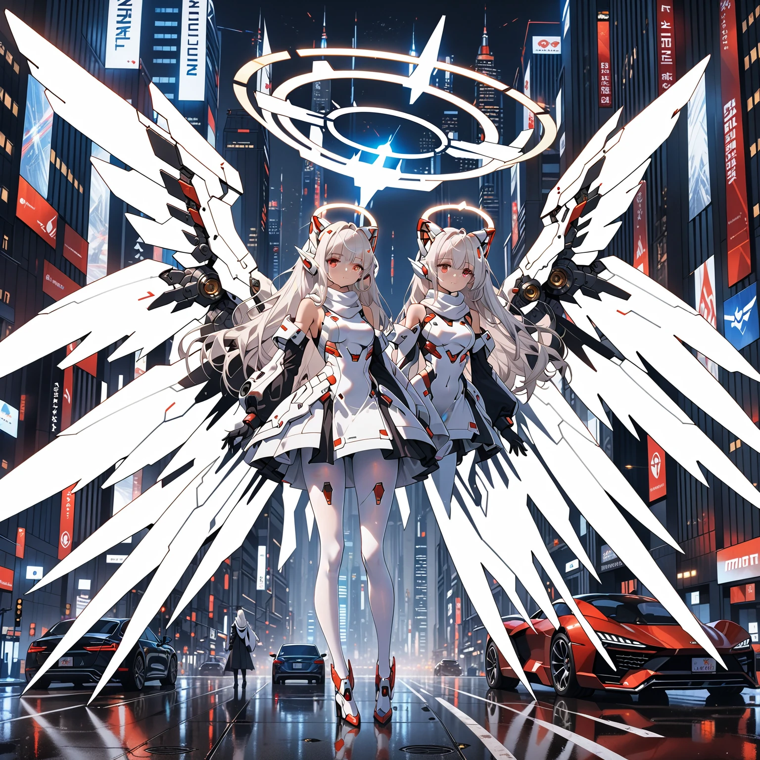 masterpiece, highest quality, highest resolution, clear_image, detailed details, white hair, long hair, 1 girl, car ears, red eyes, futuristic wings, futuristic halo, white sci fi mecha dress, white scarf with blow glow, white pantyhose, full body, no water marks, city, no extra limps, no extra body