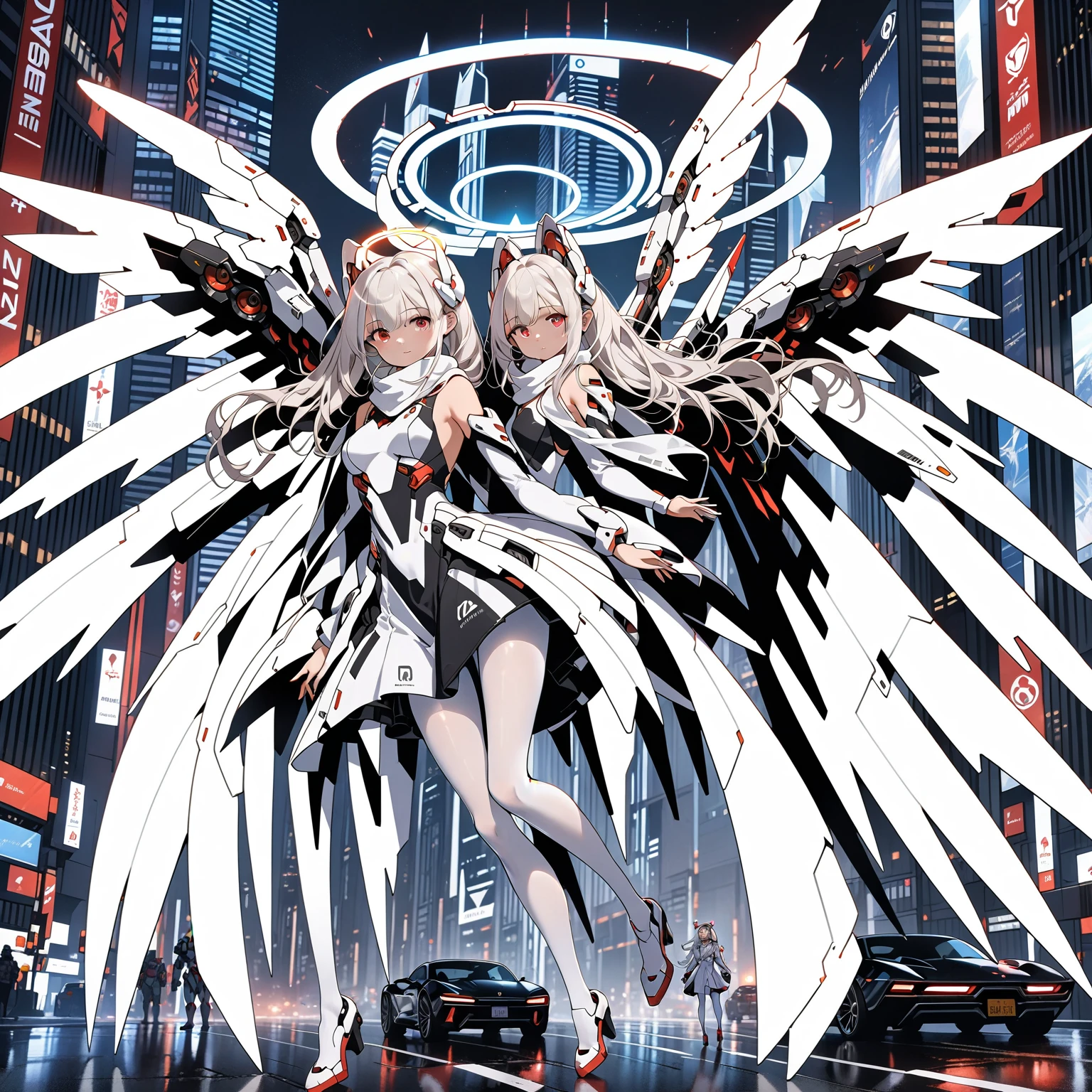 masterpiece, highest quality, highest resolution, clear_image, detailed details, white hair, long hair, 1 girl, car ears, red eyes, futuristic wings, futuristic halo, white sci fi mecha dress, white scarf with blow glow, white pantyhose, full body, no water marks, city, no extra limps, no extra body
