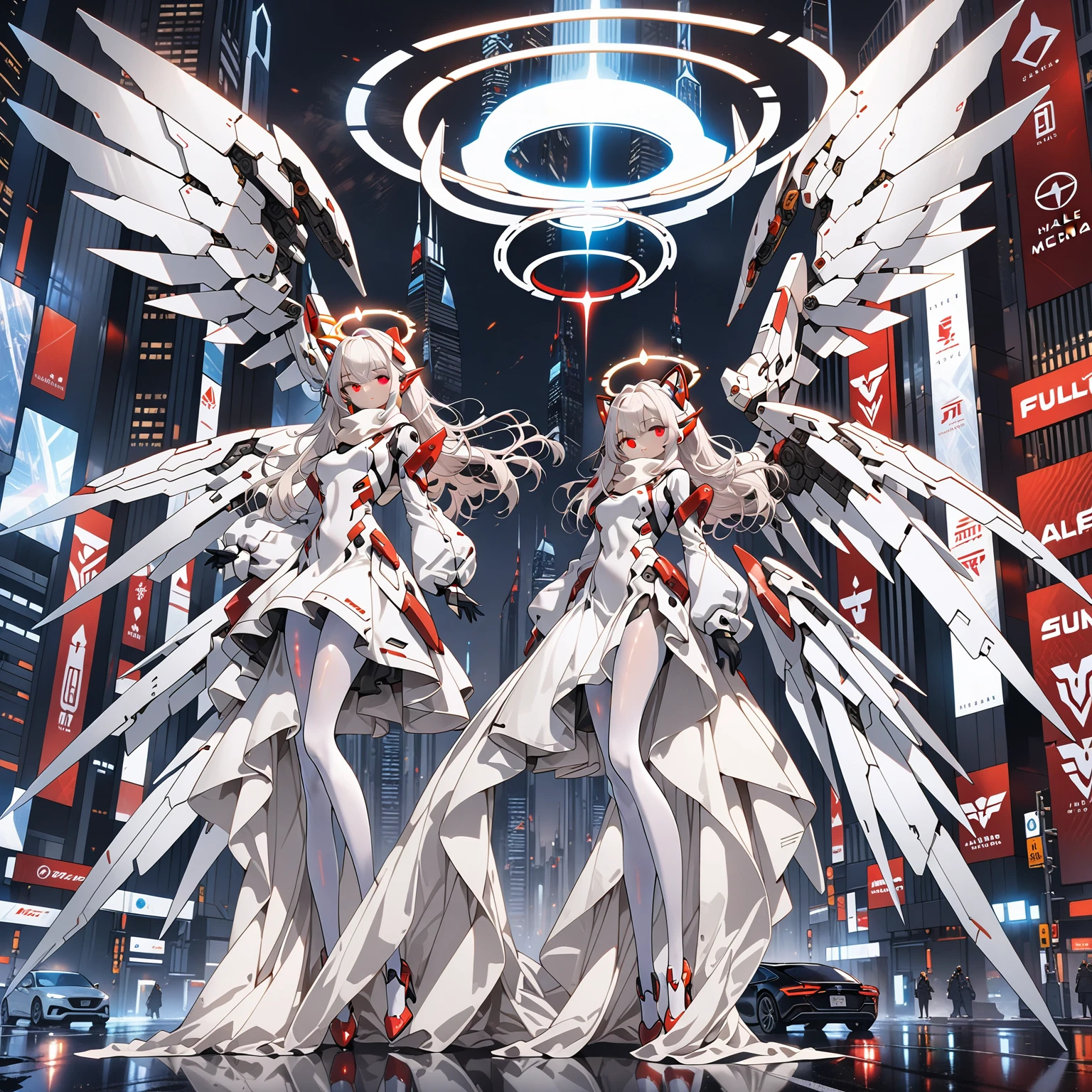 masterpiece, highest quality, highest resolution, clear_image, detailed details, white hair, long hair, 1 girl, car ears, red eyes, futuristic wings, futuristic halo, white sci fi mecha dress, white scarf with blow glow, white pantyhose, full body, no water marks, city, no extra limps, no extra body