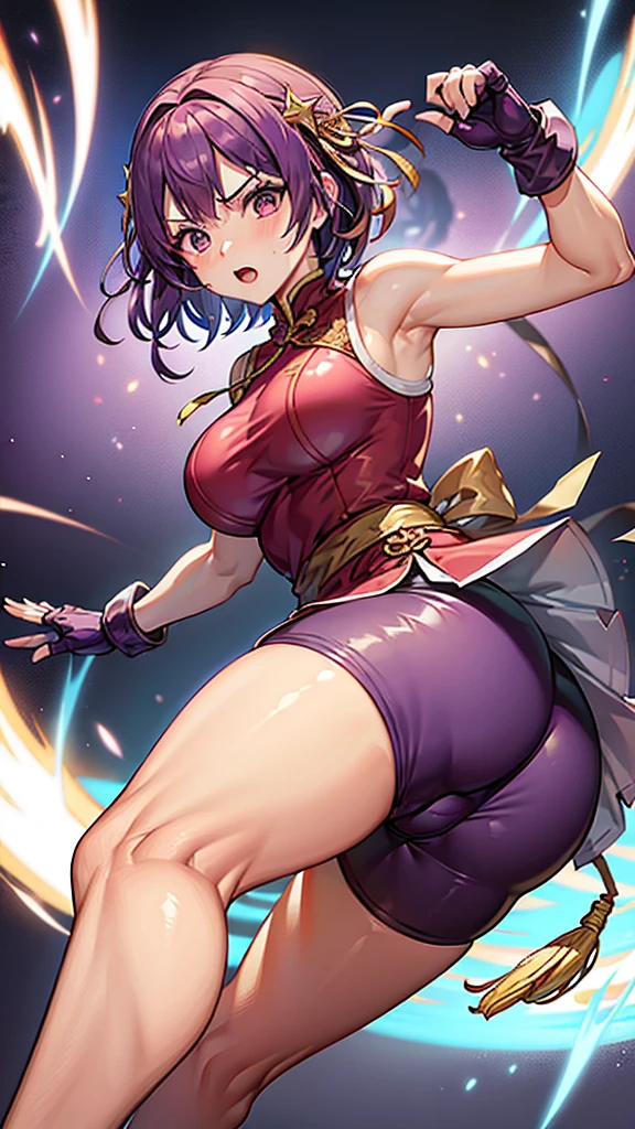 (masterpiece, best quality), best resolution, 16k, BREAK close-up, BREAK, (2heads:1.5), (cheek-to-cheek), 1girl, solo, BREAK yurims, headband, dougi, spandex, gloves, fingerless gloves, leggings, BREAK asamiya_chinese_dress_ownwaifu,purple hair,short hair,purple eyes,gloves,hairband ,fingerless gloves,breasts,dress,hair ornament,star (symbol),chinese clothes,red hairband,star hair ornament,bare shoulders,china dress,bangs,shorts,ribbon,red gloves,jewelry,hair ribbon, BREAK ((eyes up looking sideways:1.3)), BREAK angry, fighting, frustrating, open mouth, BREAK simple background