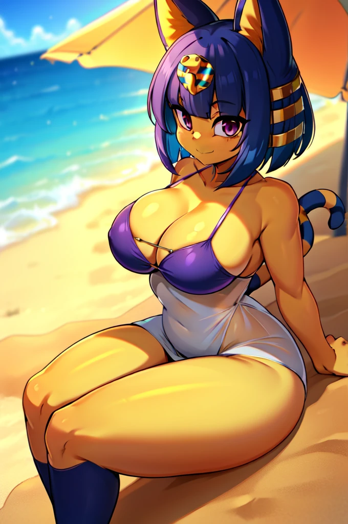 absurdres, highres, ultra detailed, ankha, solo, catgirl, big round breasts, blue hair, hair ornament, yellow skin, purple eyes, white dress, sitting, looking at viewer, outdoors, sand, egyptian, smiling, bikini