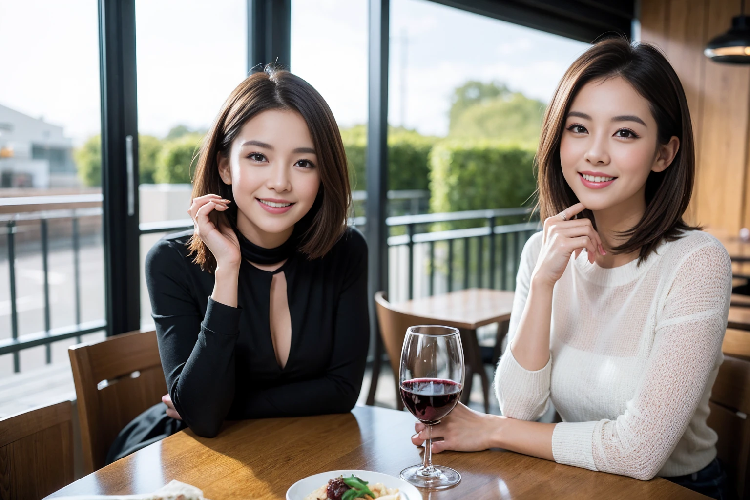 ((Highest quality、8K、masterpiece:1.3))、Shortcuts、cute、slimカップル、modelカップル、actress男優、(Realistic, Intricate details:1.2), full-course dinner、Wine Party、Amazing view of the sunset sky and clouds、A bright smile、short hair,Bright Face、 (Age 45), 42 years old, red wine 、Appetizers、Italian food、Wine bottle、Champagne、sparkling wine、Two beauties、Brown Hair、Shortcuts、Long sleeve shirt、dress、Beautiful woman 1, (slimな顔), (The body is slim), (Brown Hair), (Shortcuts), cheeks turn a little red,Attractive beauty、restaurant, In a prominent place (From the waist up) Nova Frog Style, actress, model, Upper Body, White wine, slim, wine glass, 中央に置かれたwine glass, smile, (smile: 1.15), Beautiful fine grain, Depth f/2,saturation, High Contrast, Strong light and shadow,Moist Body:1.5、3D texture、Delicate eyes、Brown Hair、The hair is very shiny、