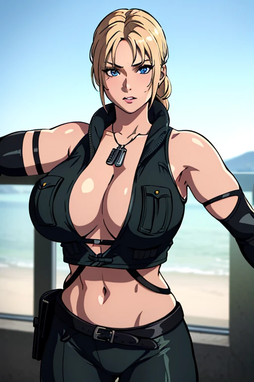 8k, best quality, real picture, intricate details, ultra-detailed, ultra highres, depth field, ,masterpiece  sonyablade, european woman, wearing a jacket, huge breasts,crop top, blue eyes, blonde hair, blue eyes, sleeveless, solo, sun, blue sky, best quality, (intricate details:1.2), (delicate detailed), (cinematic light), clear line, sharp focus, detailed face unity 8k wallpaper, ultra high res, looking at viewer