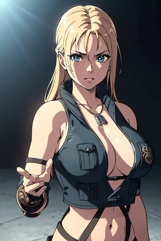 8k, best quality, real picture, intricate details, ultra-detailed, ultra highres, depth field, ,masterpiece  sonyablade, european woman, wearing a jacket, huge breasts,crop top, blue eyes, blonde hair, blue eyes, sleeveless, solo, sun, blue sky, best quality, (intricate details:1.2), (delicate detailed), (cinematic light), clear line, sharp focus, detailed face unity 8k wallpaper, ultra high res, looking at viewer