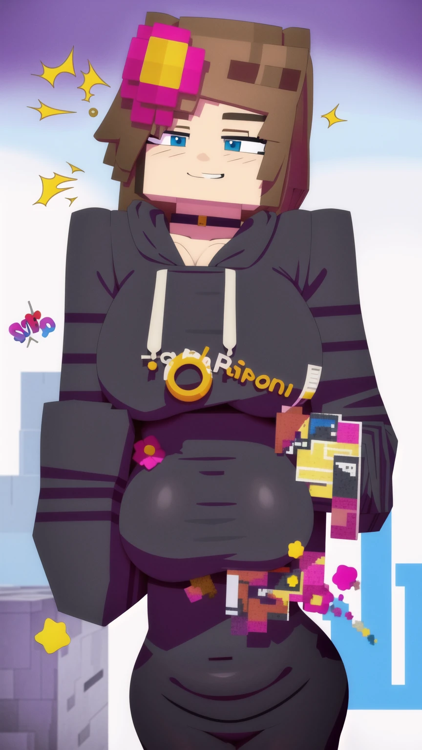 solo, jenny, hair ornament, smile, hoodie, simple background, Very big tits usando um maiô preto