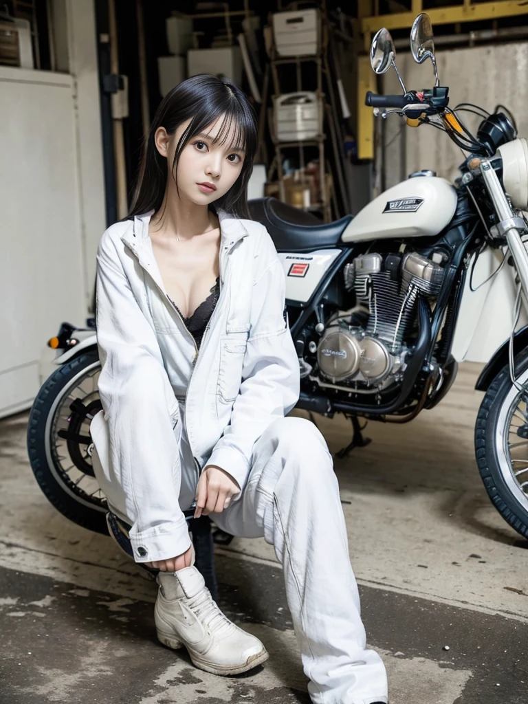 best quality, detailed, beautiful, insanely detailed, absurdres,perfect anatomy,
Japanese woman,black hair,27 years old,
(slender),
(small breasts),
(motorcycle:1.3), delightful, squatting, medium hair, (dirty white coveralls), (holding a spanner in hand:1.0), (A scene where a motorcycle is being maintained), (maintenance garage), cowboy shot, dutch angle shot
