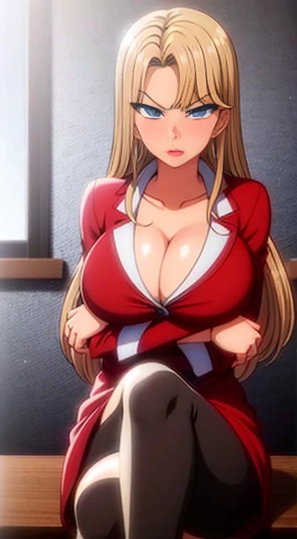 ((solo, 1 female)), mature female, masterpiece, best quality, (big breast), long hair, yellow hair, blue eyes, blush, full body, indoors,  red jacket, serious face, angri face:0.8, sitting on bed