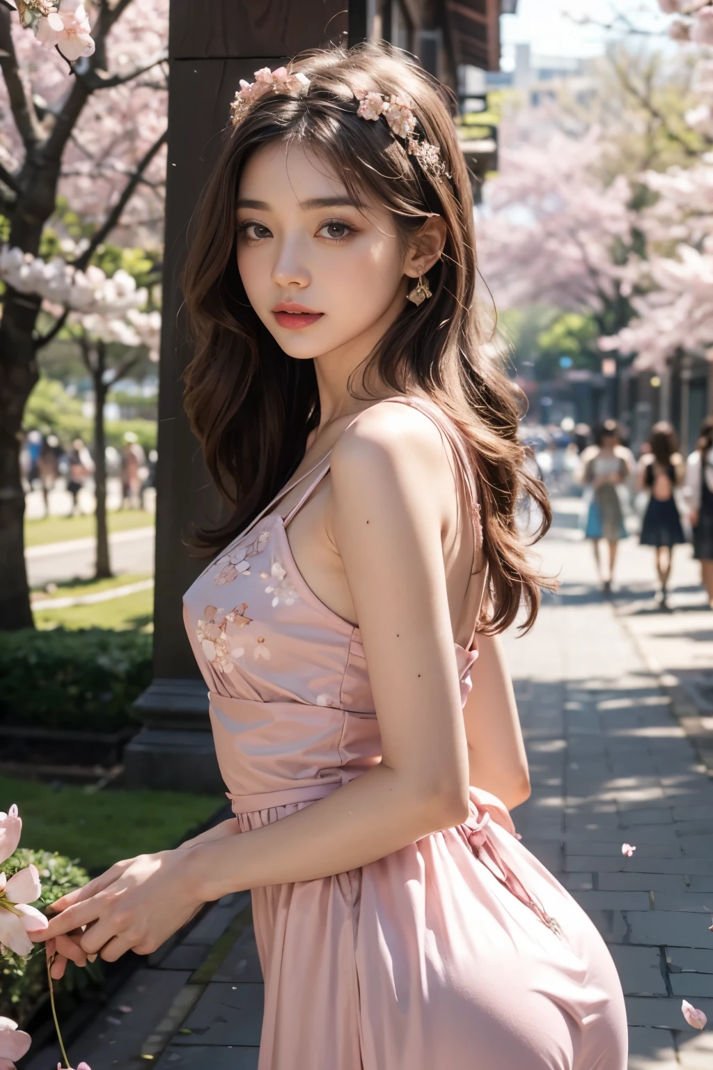 32k, ultra HD, Masterpiece, 1 girl, (good face:1.4), detailed eyes, very long hair, princess dress, (pale pink dress:1.5), (wearing jwellery:1.5), (cherry blossom:1.5), (bloom effect:1.5), Detailed Fantasy Art, Stunning Character Art, beautiful Exquisite Character Art, Beautiful, Extremely Detailed, Exquisite Intricate Headdress and Jewellery, perfect body,Small breasts,Flat Bust,The belly button and the surrounding area are exposed,Pale pink underwear,Thin string underwear,Thin cotton underwear,Korean beautiful girl dancer,Are thin,Small Ass,余りにもSmall breasts過ぎてブラジャーと肌の間がガラ空きなのである,Beautiful nipples,Beautiful body,Beautiful looks,