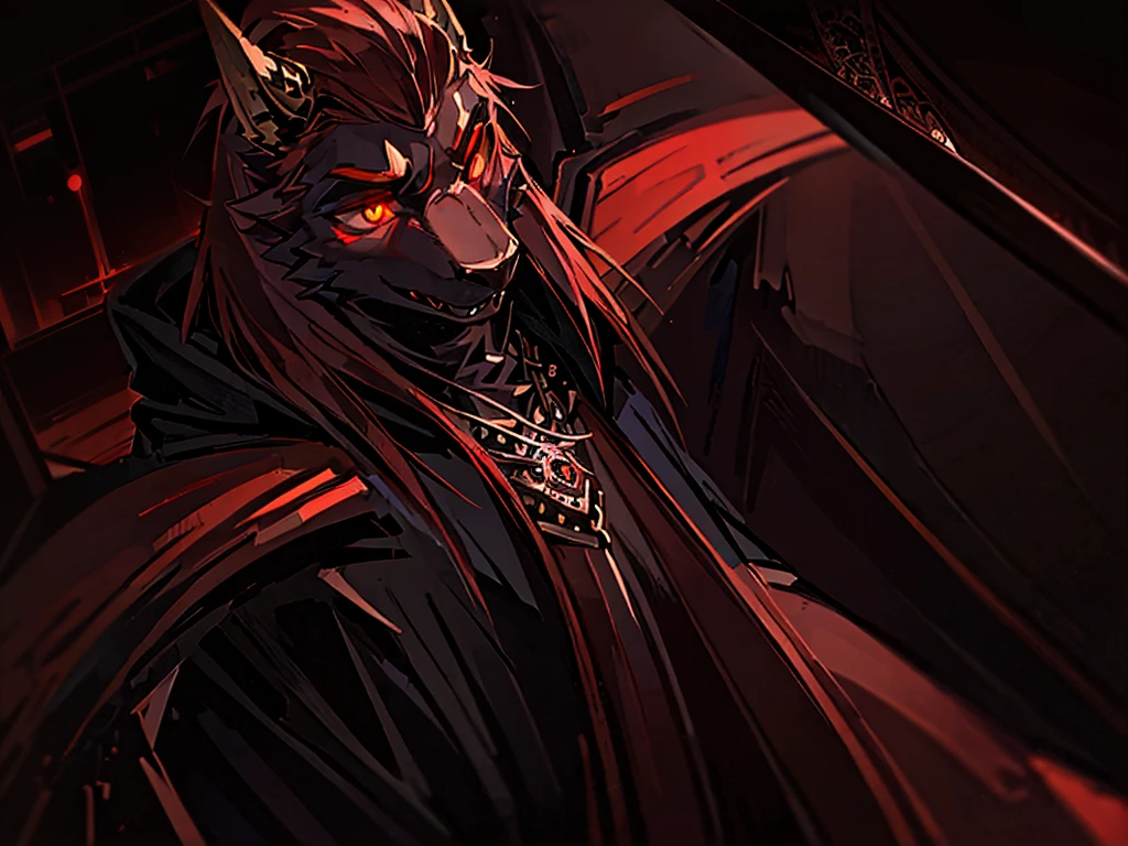 A vampire lord inspired by skyrim, a black wolf male furry with red hair and golden eyes, wearing cape and crown, wings, intricate detailed scales, glowing red eyes, sharp fangs, dramatic lighting, cinematic composition, chiaroscuro, dark fantasy, gothic, dramatic shadows, moody atmosphere, rich colors, highly detailed, photorealistic, 8k, best quality, masterpiece