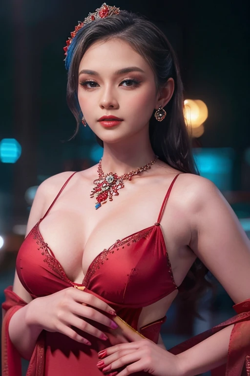 Beautiful, cute baby Face, 19 Years old russian ta Girl, red lipstick, sensual Lipstick, dark red lipstick,blue eyes, (wearing sexy kebaya dress), (puffed Breast, acleavage, slightly Chubby , luxury necklace, bright Skin), Dark City Background, mid shot, Perfect Potrait, Bokeh Effect, Look at Viewer, Armpit, Perfect Eye, Perfect Hand, Perfect Finger, Bracelet, ((adorable:1.2)), ((masterpiece:1.1)), nsfw
