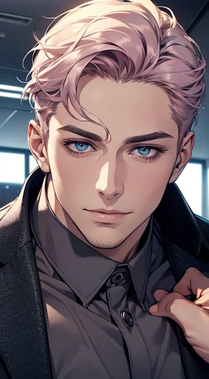 (best quality,4k,8k,highres,masterpiece:1.2),ultra-detailed,(realistic,photorealistic,photo-realistic:1.37),1 man,31 years old,mature man,very handsome,without expression,smile,short grey pink hair,blue eyes,penetrating gaze,perfect face without errors,imposing posture,businessman,office background,cinematic lighting,hdr image